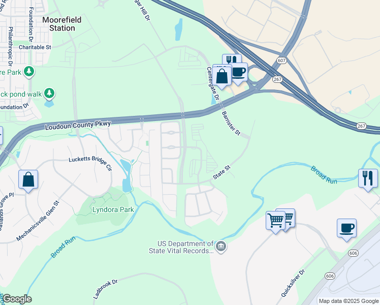 map of restaurants, bars, coffee shops, grocery stores, and more near 22541 Hickory Hill Square in Ashburn