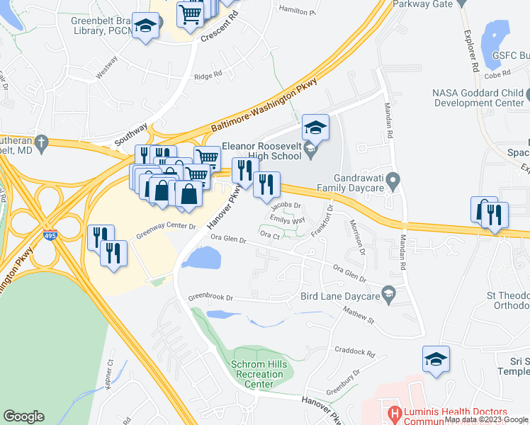 map of restaurants, bars, coffee shops, grocery stores, and more near 7712 Jacobs Drive in Greenbelt