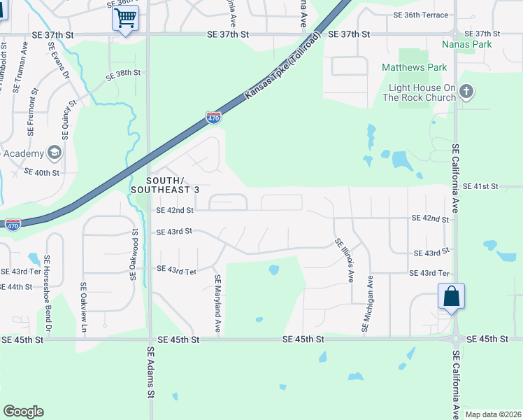map of restaurants, bars, coffee shops, grocery stores, and more near 1001 Southeast 41st Terrace in Topeka