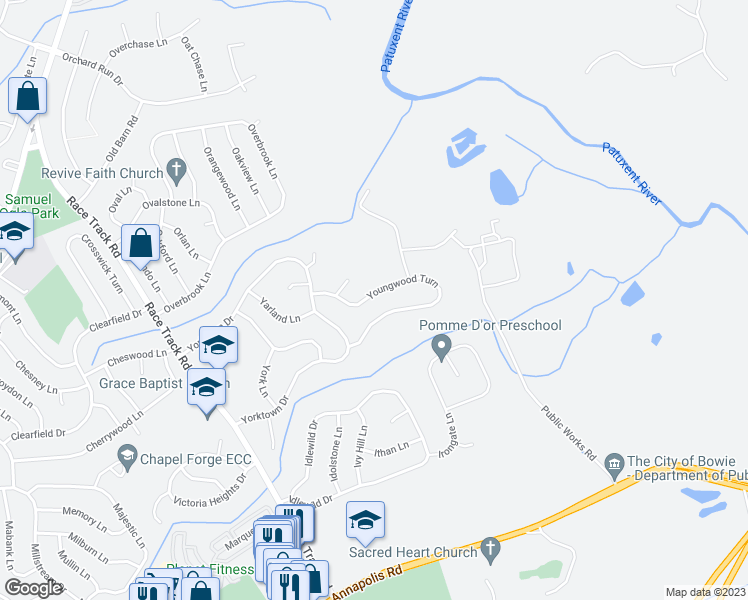 map of restaurants, bars, coffee shops, grocery stores, and more near 13419 Youngwood Turn in Bowie