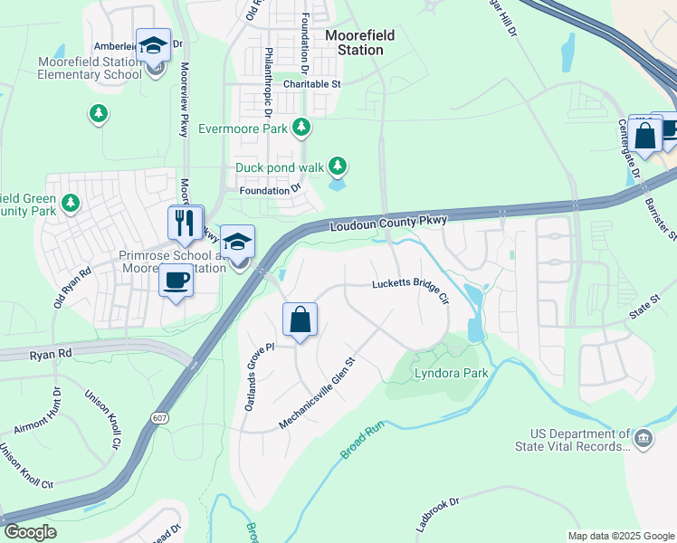 map of restaurants, bars, coffee shops, grocery stores, and more near 22567 Hughesville Manor Court in Ashburn