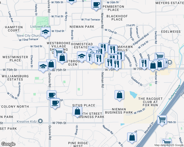 map of restaurants, bars, coffee shops, grocery stores, and more near 11305 West 75th Street in Overland Park
