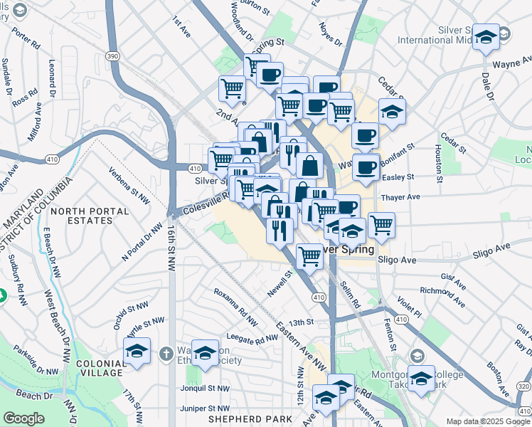 map of restaurants, bars, coffee shops, grocery stores, and more near 1315 East-West Highway in Silver Spring