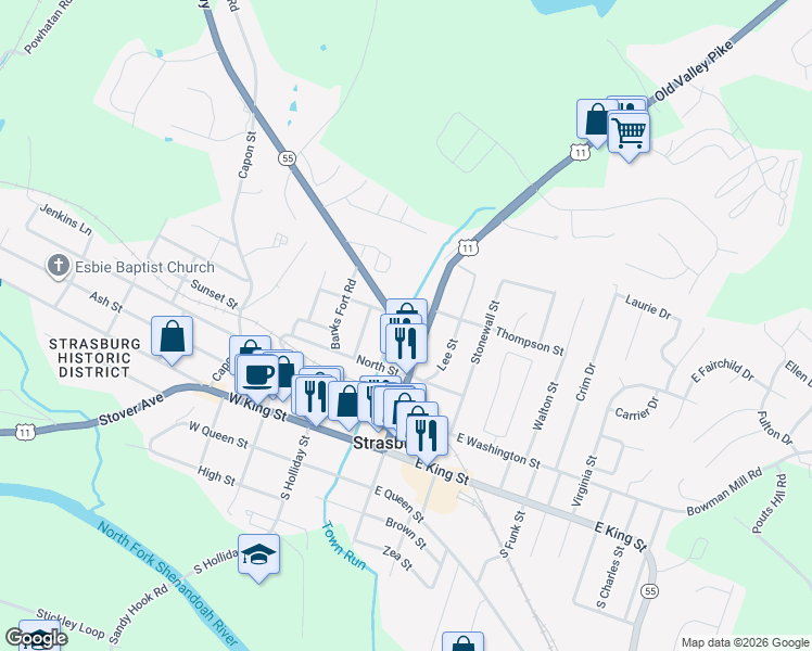 map of restaurants, bars, coffee shops, grocery stores, and more near 397 Mineral Street in Strasburg