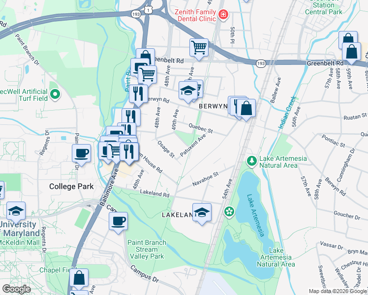 map of restaurants, bars, coffee shops, grocery stores, and more near 8302 49th Avenue in College Park