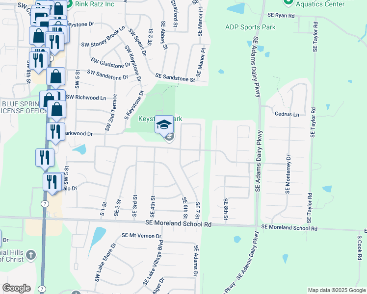 map of restaurants, bars, coffee shops, grocery stores, and more near 701 Southeast Shamrock Lane in Blue Springs