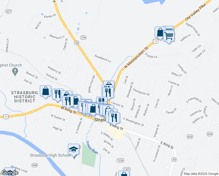 map of restaurants, bars, coffee shops, grocery stores, and more near 367 North Massanutten Street in Strasburg