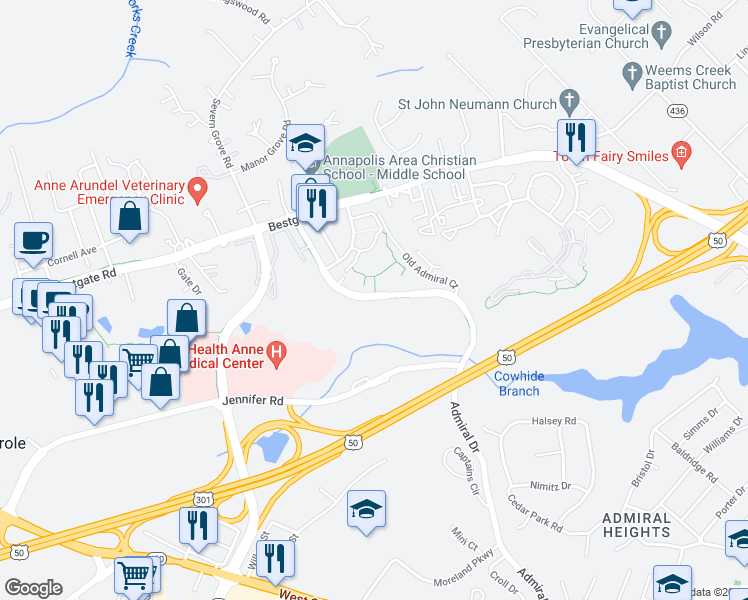 map of restaurants, bars, coffee shops, grocery stores, and more near 613 Admiral Drive in Annapolis