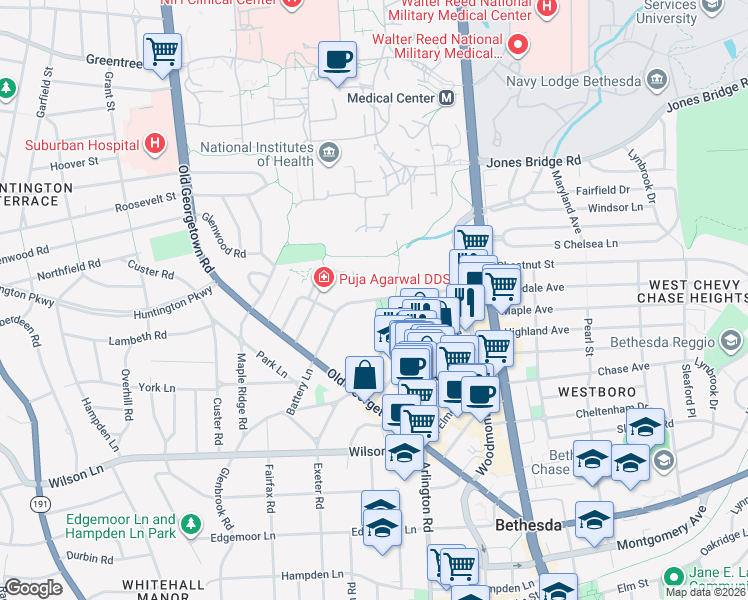 map of restaurants, bars, coffee shops, grocery stores, and more near Battery Lane in Bethesda