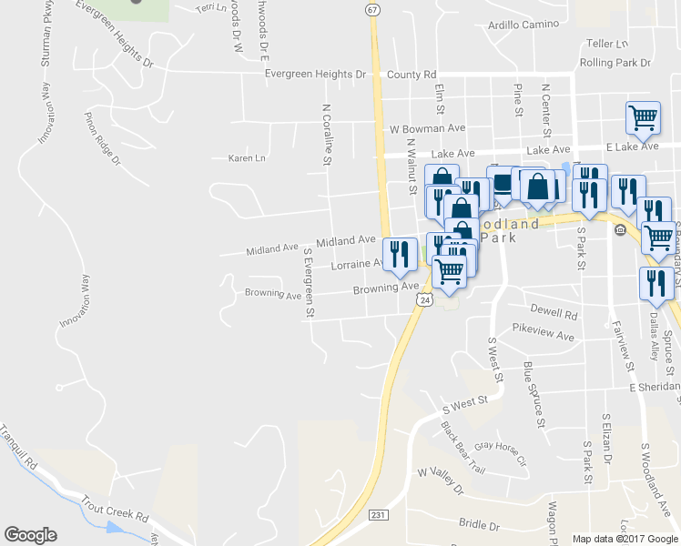 map of restaurants, bars, coffee shops, grocery stores, and more near 929 Lorraine Ave in Woodland Park