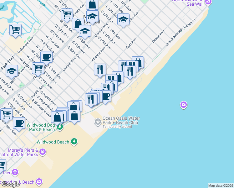 map of restaurants, bars, coffee shops, grocery stores, and more near 1900 Boardwalk in North Wildwood