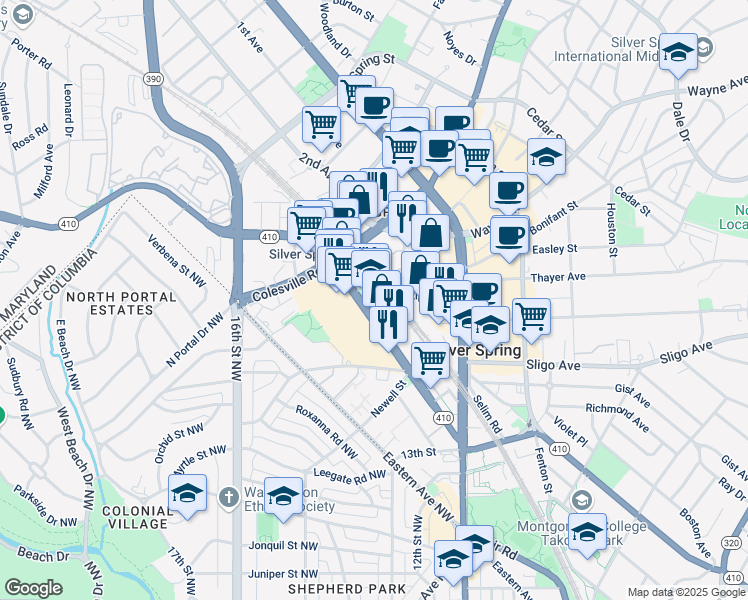 map of restaurants, bars, coffee shops, grocery stores, and more near 1315 East West Highway in Silver Spring