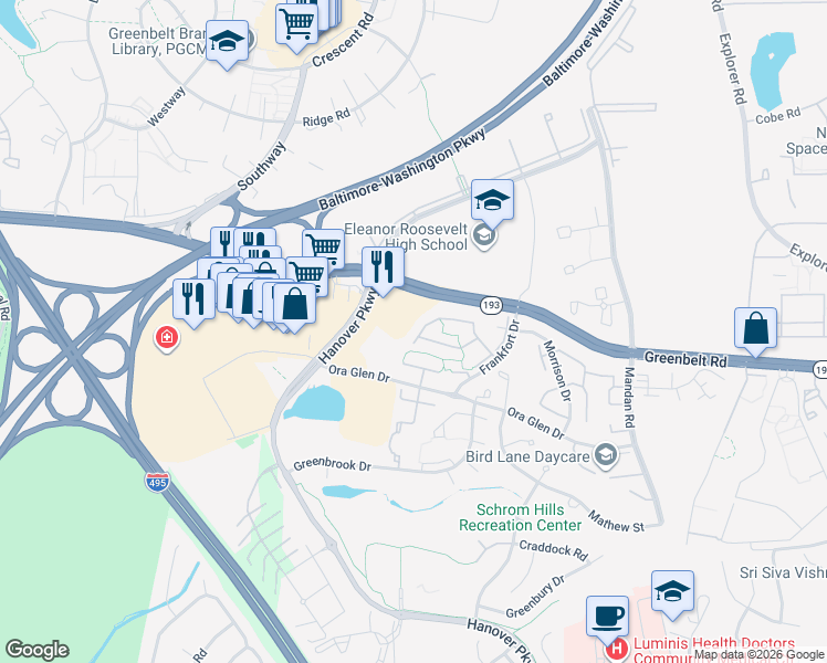 map of restaurants, bars, coffee shops, grocery stores, and more near 7712 Jacobs Drive in Greenbelt