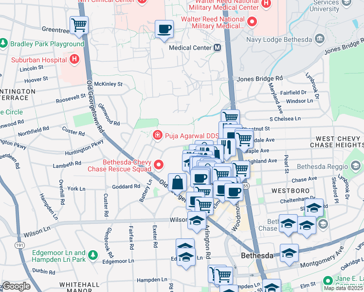 map of restaurants, bars, coffee shops, grocery stores, and more near Battery Lane in Bethesda