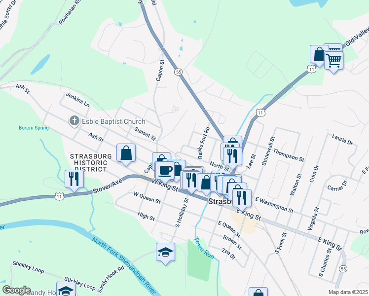 map of restaurants, bars, coffee shops, grocery stores, and more near 161 North Place Lane in Strasburg