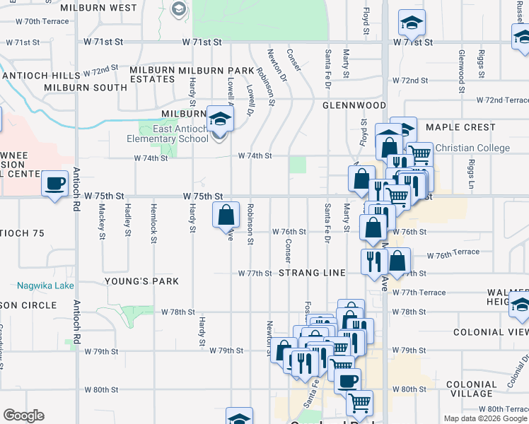 map of restaurants, bars, coffee shops, grocery stores, and more near 7509 Robinson Street in Overland Park