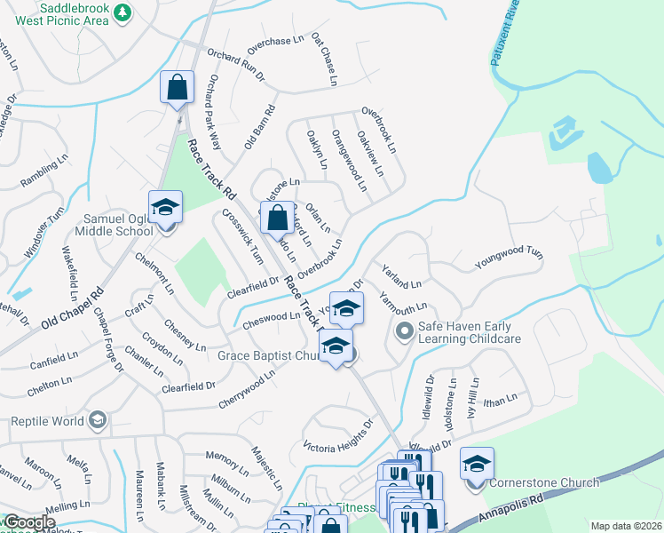 map of restaurants, bars, coffee shops, grocery stores, and more near 13113 Overbrook Lane in Bowie