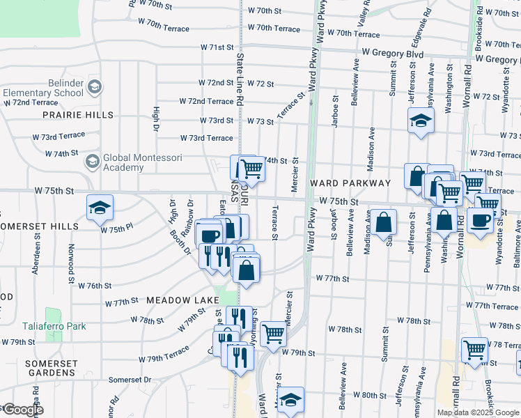 map of restaurants, bars, coffee shops, grocery stores, and more near 7517 Wyoming Street in Kansas City