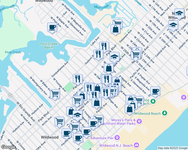 map of restaurants, bars, coffee shops, grocery stores, and more near 182 West Oak Avenue in Wildwood