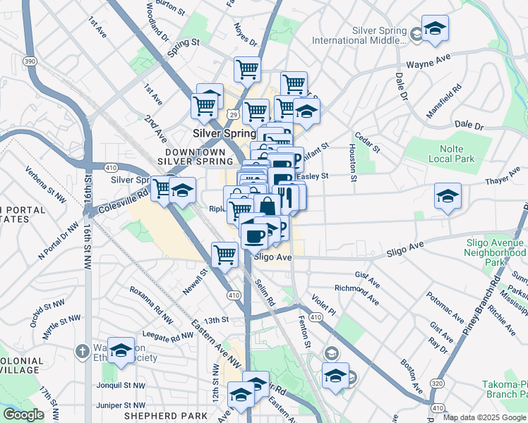 map of restaurants, bars, coffee shops, grocery stores, and more near 915 Silver Spring Avenue in Silver Spring