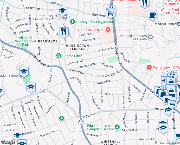 map of restaurants, bars, coffee shops, grocery stores, and more near 5611 Huntington Parkway in Bethesda