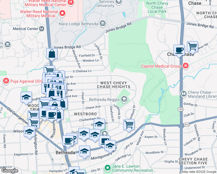 map of restaurants, bars, coffee shops, grocery stores, and more near 4405 Maple Avenue in Bethesda