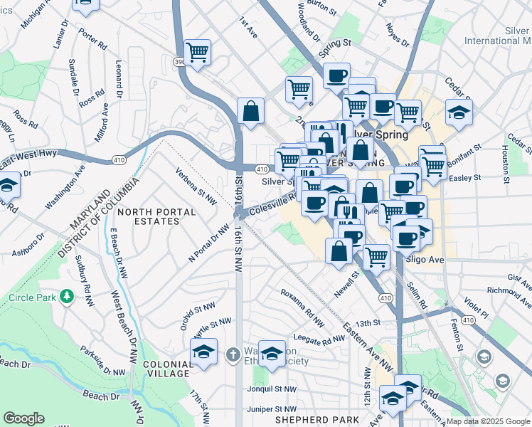 map of restaurants, bars, coffee shops, grocery stores, and more near 8310 Colesville Road in Silver Spring
