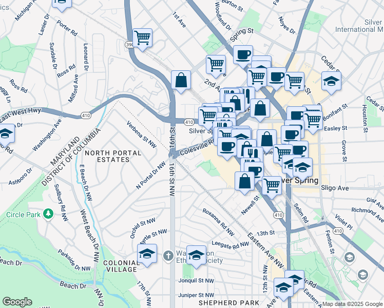 map of restaurants, bars, coffee shops, grocery stores, and more near 8310 Colesville Road in Silver Spring