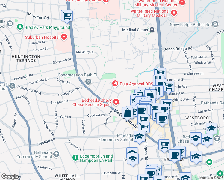 map of restaurants, bars, coffee shops, grocery stores, and more near 8315 North Brook Lane in Bethesda