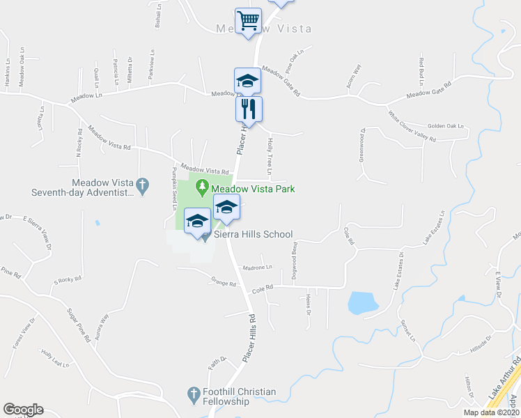 map of restaurants, bars, coffee shops, grocery stores, and more near 931 Mill Road in Meadow Vista