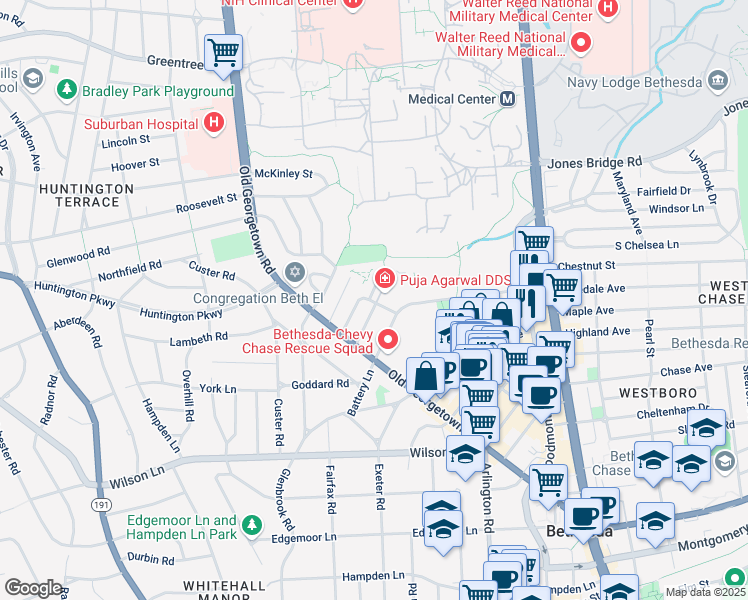 map of restaurants, bars, coffee shops, grocery stores, and more near 8315 North Brook Lane in Bethesda