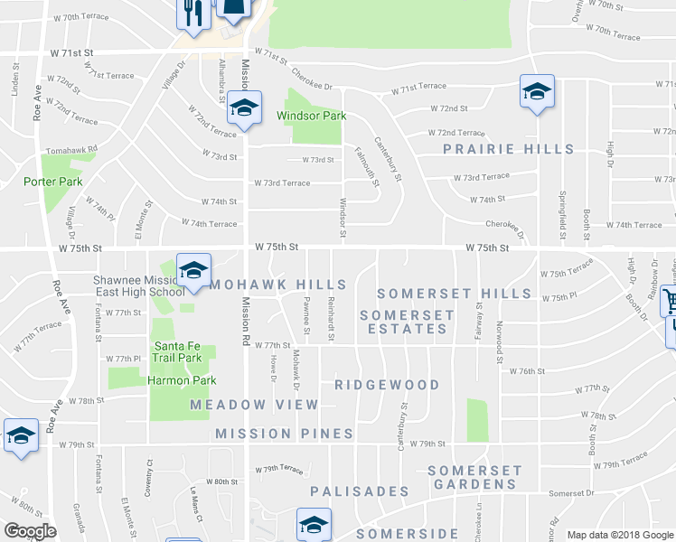 map of restaurants, bars, coffee shops, grocery stores, and more near 7517 Reinhardt Street in Prairie Village