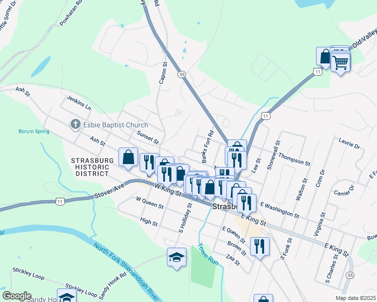 map of restaurants, bars, coffee shops, grocery stores, and more near 161 North Place Lane in Strasburg