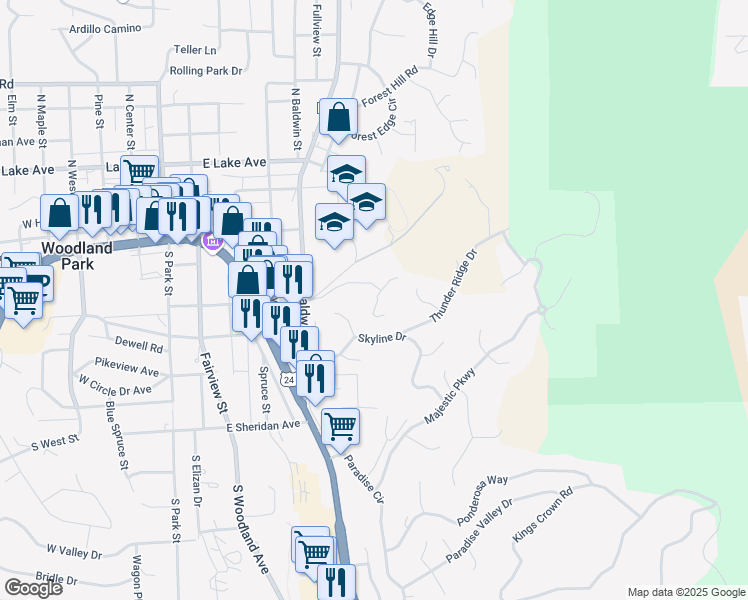 map of restaurants, bars, coffee shops, grocery stores, and more near 600 Red Buffalo Grove in Woodland Park