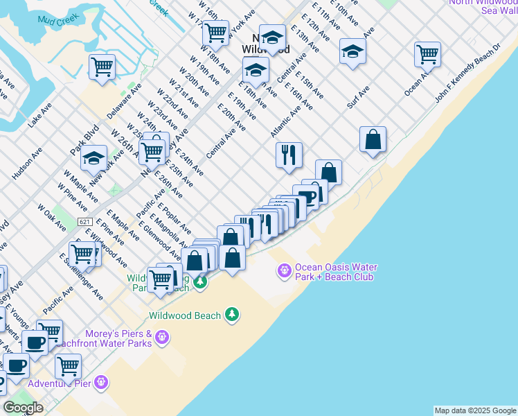 map of restaurants, bars, coffee shops, grocery stores, and more near 2313 Surf Avenue in Wildwood