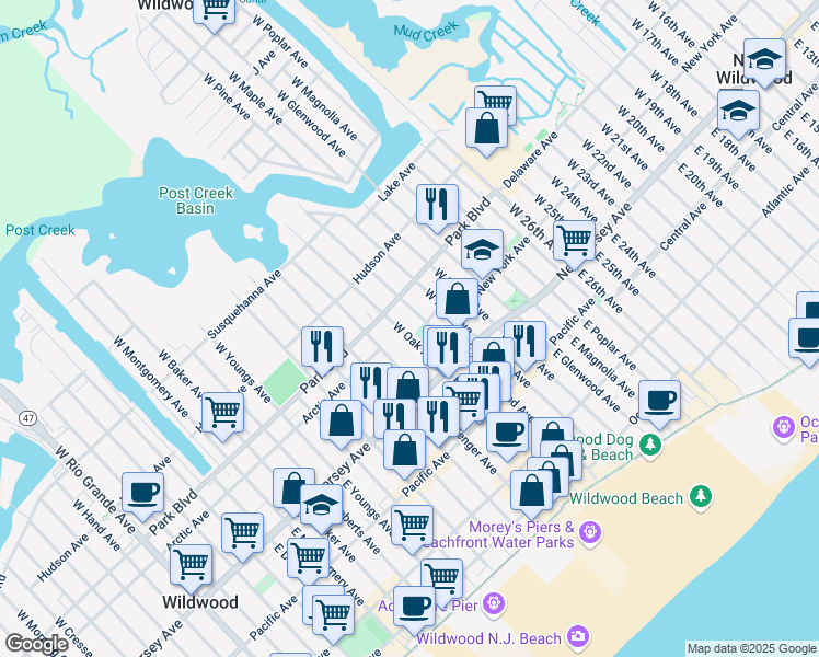 map of restaurants, bars, coffee shops, grocery stores, and more near 182 West Oak Avenue in Wildwood