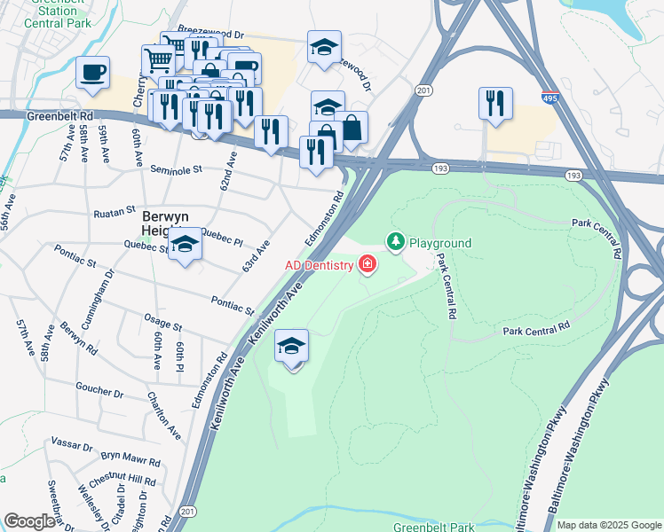map of restaurants, bars, coffee shops, grocery stores, and more near 6214 Westchester Park Drive in College Park