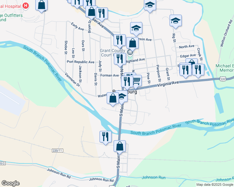 map of restaurants, bars, coffee shops, grocery stores, and more near 9 Water Street in Petersburg