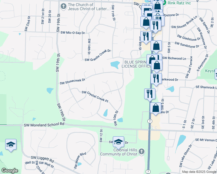 map of restaurants, bars, coffee shops, grocery stores, and more near 2801 SouthWest Summer Creek Court in Blue Springs