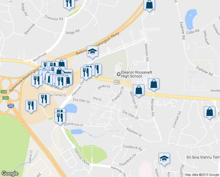 map of restaurants, bars, coffee shops, grocery stores, and more near 7847 Jacobs Drive in Greenbelt