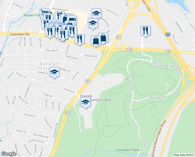 map of restaurants, bars, coffee shops, grocery stores, and more near 6214 Westchester Park Drive in College Park