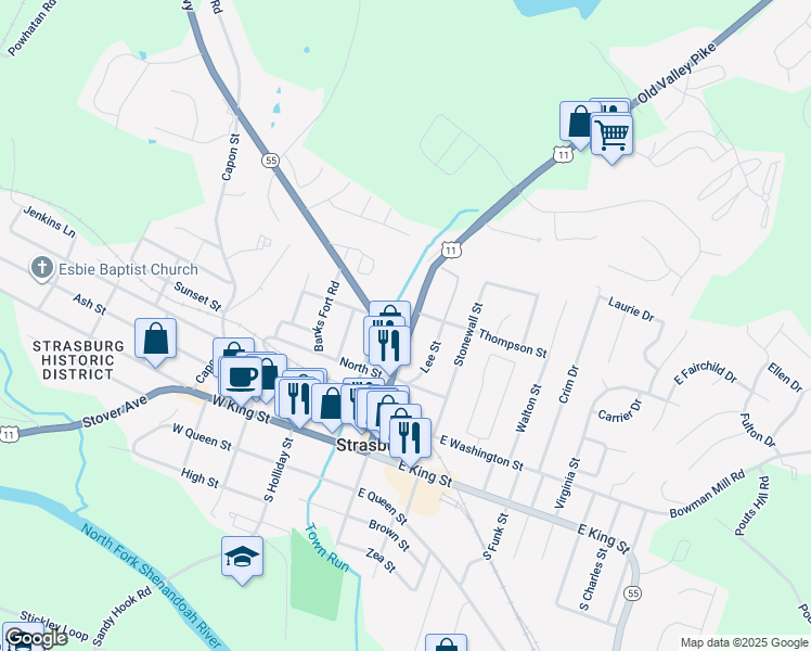 map of restaurants, bars, coffee shops, grocery stores, and more near 383 North Massanutten Street in Strasburg