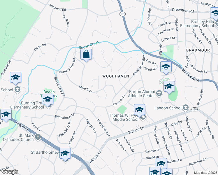 map of restaurants, bars, coffee shops, grocery stores, and more near 6612 Melody Lane in Bethesda