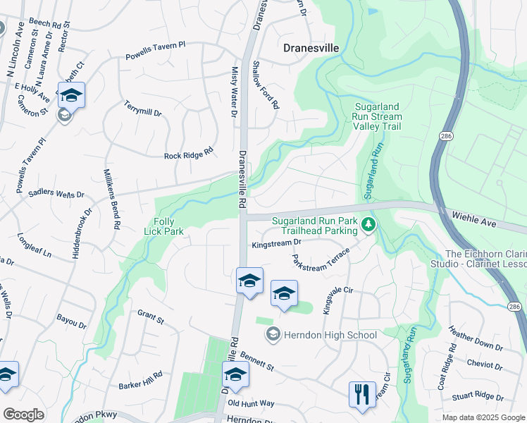 map of restaurants, bars, coffee shops, grocery stores, and more near 12327 Exbury Street in Herndon