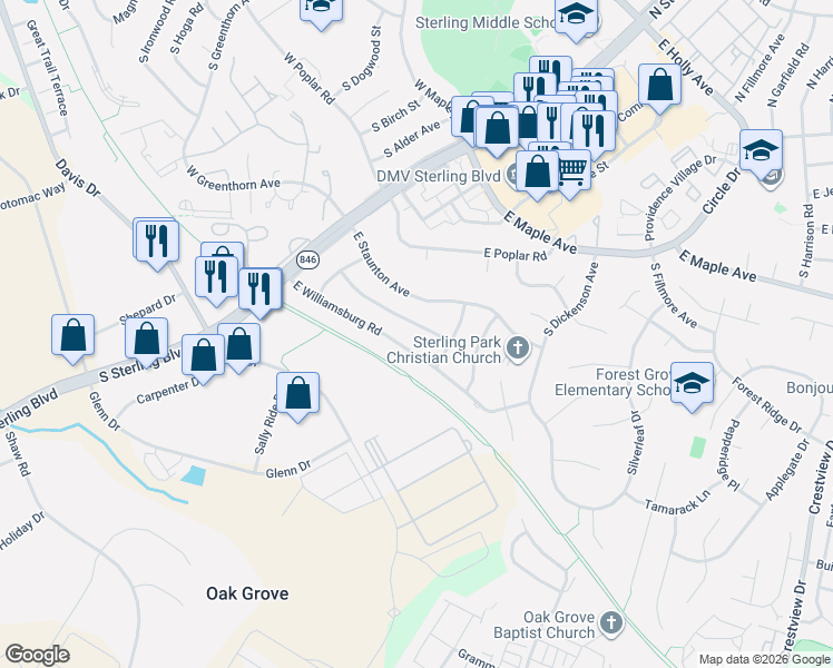 map of restaurants, bars, coffee shops, grocery stores, and more near 310 E Tazewell Rd in Sterling