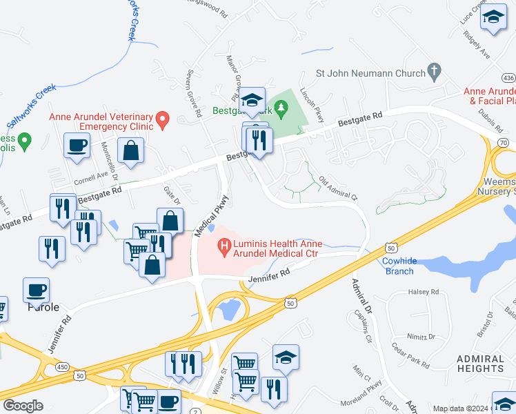 map of restaurants, bars, coffee shops, grocery stores, and more near 629 Admiral Drive in Annapolis