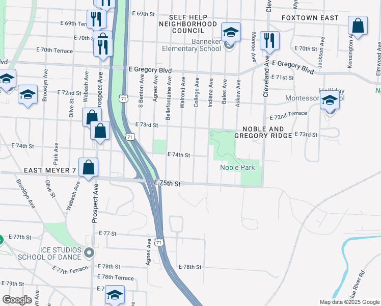 map of restaurants, bars, coffee shops, grocery stores, and more near 7344 College Avenue in Kansas City