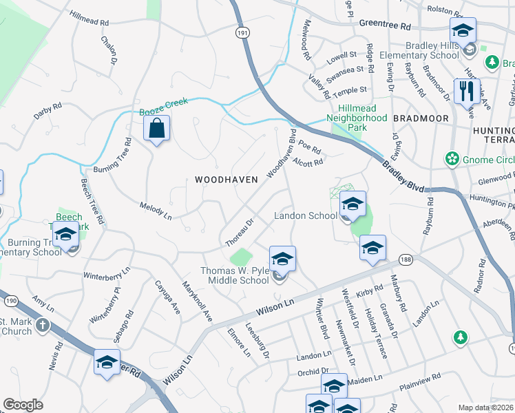 map of restaurants, bars, coffee shops, grocery stores, and more near 8302 Thoreau Drive in Bethesda