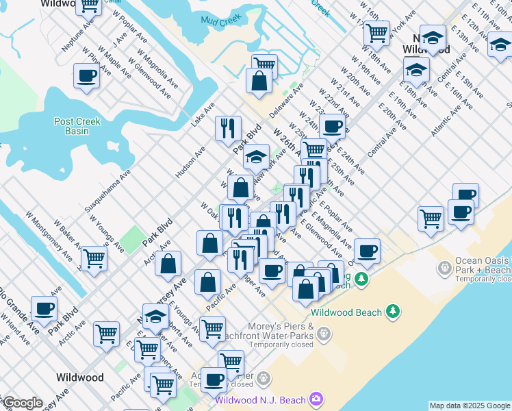 map of restaurants, bars, coffee shops, grocery stores, and more near 3100 New Jersey Avenue in Wildwood