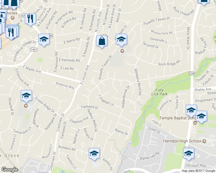 map of restaurants, bars, coffee shops, grocery stores, and more near 1553 Powells Tavern Place in Herndon